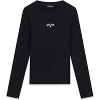 Black long sleeve women's T-shirt by Guess with small embroidered star and logo on chest.