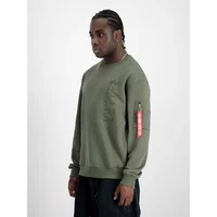 Olive green Alpha Industries sweatshirt with embroidered logo and red tag on sleeve.