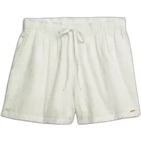 White embroidered swim shorts for women by Superdry with drawstring waist and subtle floral pattern.