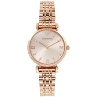 Rose gold Emporio Armani ladies watch with T-bar design, round dial, Roman numerals, and link bracelet.