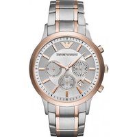 Men's watch with rose gold bezel, silver dial, and two-tone metal bracelet, featuring three subdials and date display.