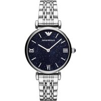 Emporio Armani AR11091 women's watch, silver bracelet, navy glitter dial, Roman numerals, logo at 12 o'clock.