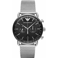 Emporio Armani AR11104 men's watch, black dial, silver mesh strap, quartz movement, chronograph subdials.