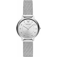 Silver Emporio Armani AR11128 women's watch with mesh strap, minimalist dial, and crystal hour markers.