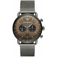 Emporio Armani AR11141 men's watch with brown gradient dial, black subdials, and silver mesh strap.