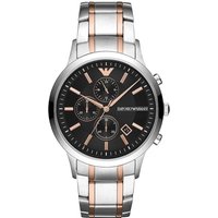 Two-tone Emporio Armani AR11165 chronograph watch with black dial, silver and rose gold bracelet, and three subdials.