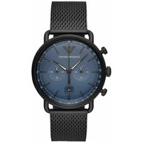 Black Emporio Armani chronograph watch with blue dial, date display, and mesh bracelet strap.