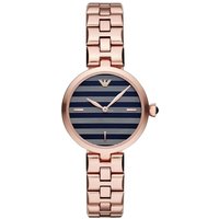 Rose gold Emporio Armani women's watch with striped navy dial and link bracelet.
