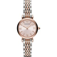 Two-tone Emporio Armani ladies quartz watch, rose gold dial, Roman numerals, stainless steel bracelet, 28mm.