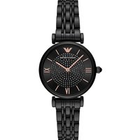 Black-ion stainless steel Emporio Armani ladies watch, 32mm, with rose gold accents and a textured dial.