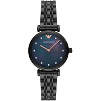 Black Emporio Armani ladies watch with blue dial, rose gold hands, crystal markers, and linked bracelet strap.