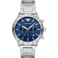 Silver Emporio Armani chronograph watch with blue dial, tachymeter bezel, and stainless steel bracelet.