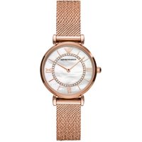 Rose gold Emporio Armani ladies watch with mesh band, white dial, Roman numerals, and crystal accents.