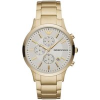 Gold Emporio Armani chronograph men's watch with white dial, three subdials, and gold-tone bracelet.