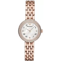 Rose gold-tone Emporio Armani ladies watch with round face, Roman numerals, and link bracelet.