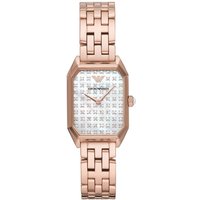 Rose gold tone women's watch with rectangular face, Emporio Armani logo, and linked bracelet.