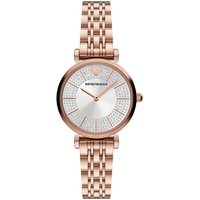 Emporio Armani women's watch with silver dial, rose gold T-bar case, and linked bracelet.