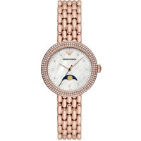 Rose gold Emporio Armani ladies watch, white mother of pearl dial, crystal bezel, moon phase display, link bracelet.