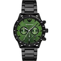 Green dial Emporio Armani men's watch, 43mm black stainless steel case, chronograph, water-resistant.