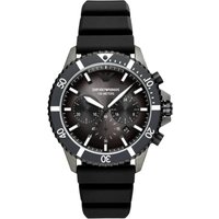 Black silicone chronograph watch with silver accents, textured bezel, and three subdials by Emporio Armani.