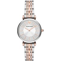 Emporio Armani AR11537 women's watch, silver and rose gold bracelet, crystal-studded dial, and logo at 12 o'clock.