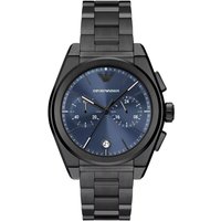Black Emporio Armani Federico chronograph watch with blue dial, three subdials, and stainless steel bracelet.