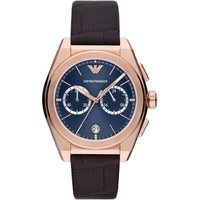 Rose gold Emporio Armani chronograph watch with blue dial, black leather strap, and three subdials.