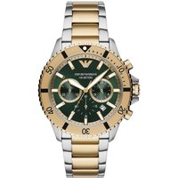Two-tone Emporio Armani diver chronograph watch with gold bezel, green dial, and silver-gold link bracelet.