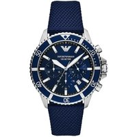 Navy leather Emporio Armani chronograph watch with silver case, blue dial, and three subdials.