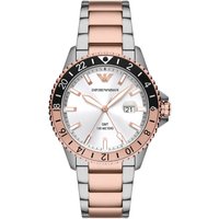 Two-tone Emporio Armani AR11591 Diver watch with silver dial, rose gold accents, and date display.