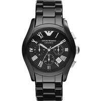 Black Emporio Armani AR1400 Ceramica men's watch with Roman numerals, chronograph dials, and ceramic bracelet.