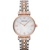 Two-tone Emporio Armani ladies watch with rose gold accents, T-bar design, and a white dial with Roman numerals.
