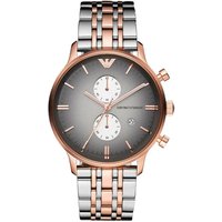 Rose gold Emporio Armani men's watch with stainless steel bracelet, black dial, and dual subdials.