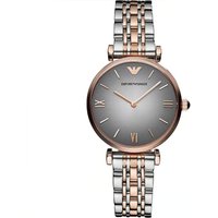 Two-tone Emporio Armani ladies watch with rose gold accents, silver dial, and Roman numerals.