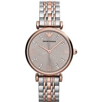Two-tone Emporio Armani women's watch, rose gold bezel, silver dial, crystal hour markers, stainless steel bracelet.