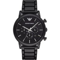 Black Emporio Armani AR1895 Luigi chronograph men's watch with black dial, three subdials, and black stainless steel band.