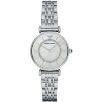 Emporio Armani ladies watch with mother of pearl dial, silver-tone case, and stainless steel link bracelet.