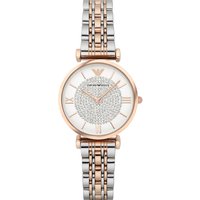 Two-tone stainless steel ladies watch with crystal dial, rose gold accents, and Roman numerals by Emporio Armani.