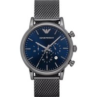 Emporio Armani AR1979 Renato men's chronograph watch with blue dial, silver mesh strap, and three subdials.
