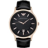 Rose gold Emporio Armani watch with black dial, date display, and black leather strap.