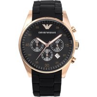 Rose gold Emporio Armani Sportivo watch with black dial, chronograph subdials, and black silicone strap.