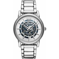 Silver Emporio Armani AR60006 automatic men's watch with skeleton dial and stainless steel bracelet.