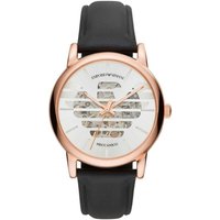Rose gold Emporio Armani AR60031 men's watch with black leather strap and white dial featuring logo design.