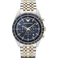 Stainless steel Emporio Armani men's chronograph watch, 46mm, blue dial, gold accents, two-tone bracelet.