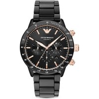 Black ceramic Emporio Armani men's watch with rose gold accents, chronograph dials, and tachymeter bezel.