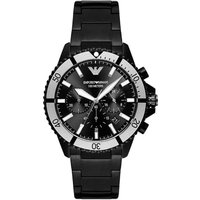 Black Emporio Armani chronograph watch, 43mm, with silver accents, black dial, and interchangeable silicone strap.