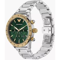 Stainless steel Emporio Armani chronograph watch with green dial, gold bezel, and silver link bracelet.