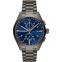 Gunmetal stainless steel chronograph watch with blue dial, silver markers, and link bracelet.