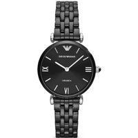 Black Emporio Armani women's Ceramica quartz watch, 30mm, with Roman numerals and a sleek ceramic bracelet.