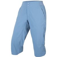 Blue Endura Hummvee Lite women's 3/4 cycling shorts with two buttons, side pockets, and 200 Series Pad.